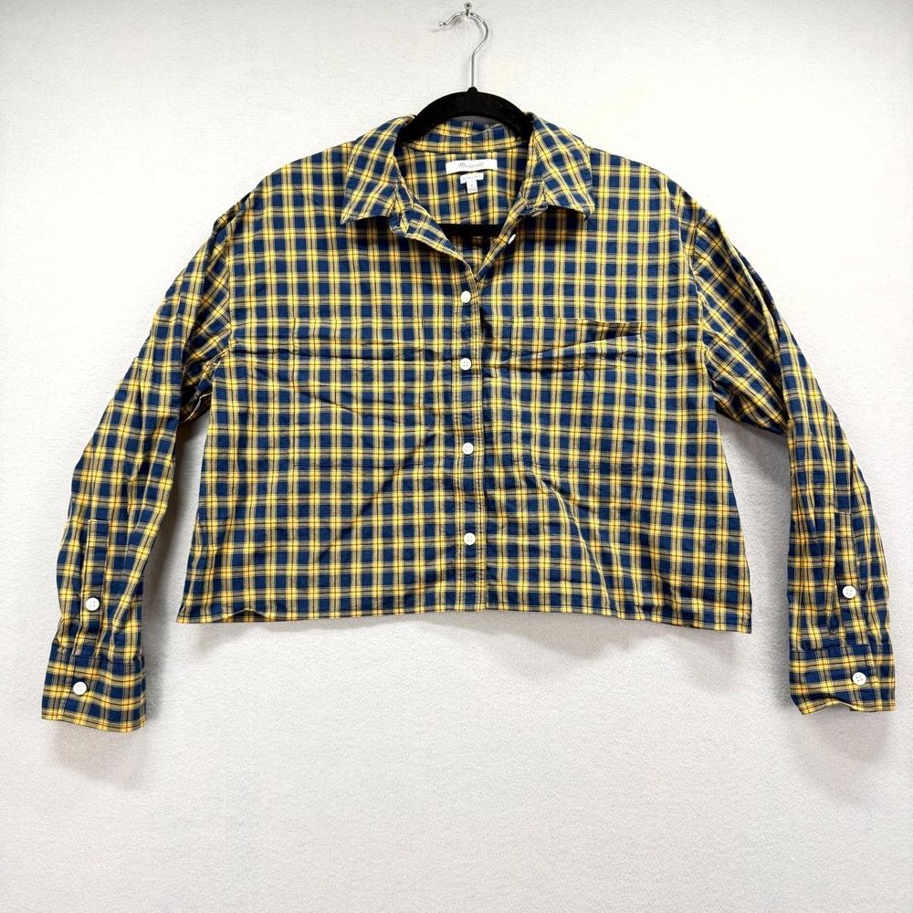 Madewell Shirt Womens Small Yellow Blue Check Plaid Crop Oversized Button‎ Up